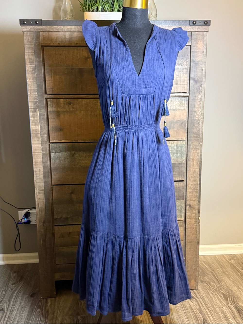 Alicia Bell Lola Blue Cotton Gauze Tassel Midi Dress Size Small Boho Resort